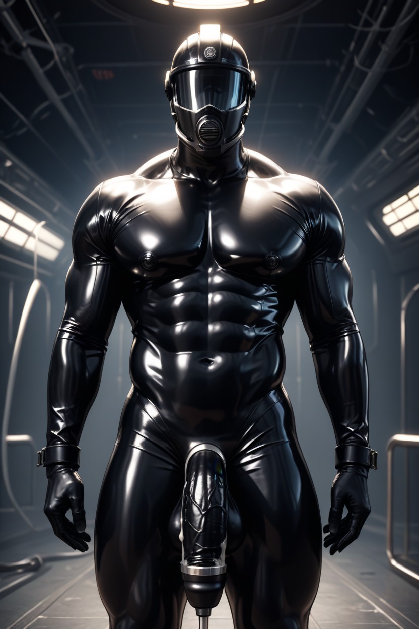 Huge Veiny Pecs, Opaque Robotic Helmet With Horizontal Neon Glow Slit, Restrained AI同性戀黃片