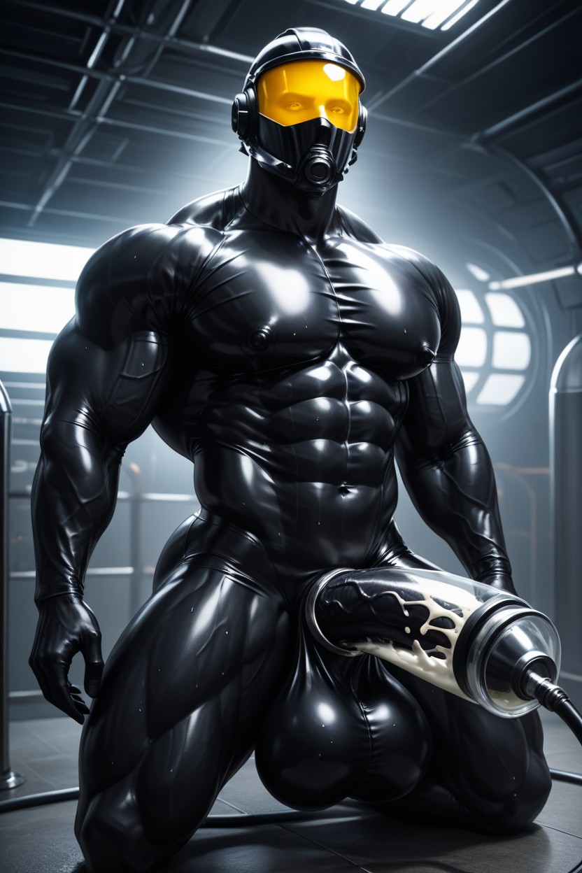Broad Shoulder, Huge Abs, Deep Shadows Accentuating Muscle Separation And Latex Wrinkles Porno IA Gay
