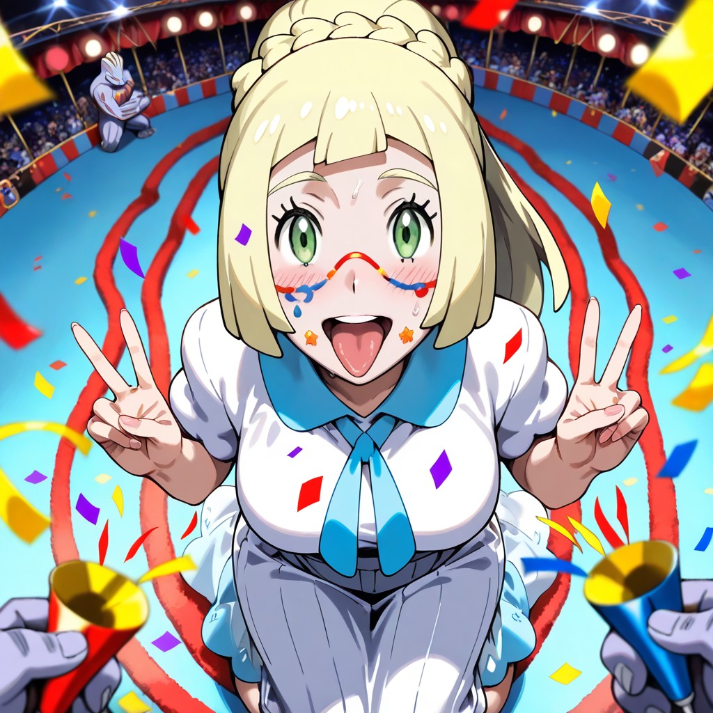 Lillie Kneeling In The Center Of The Circus Ring, Female Mature Lillie From Pokemon, Tongue Out 게이 AI 포르노