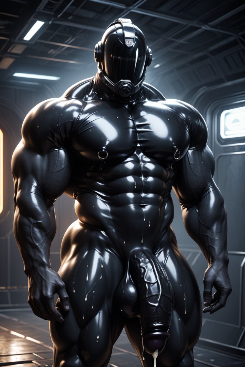 Deep Shadows Accentuating Muscle Separation And Latex Wrinkles, Metal Frames And Restraint Equipment In Background, Huge Pecs AI同性戀黃片