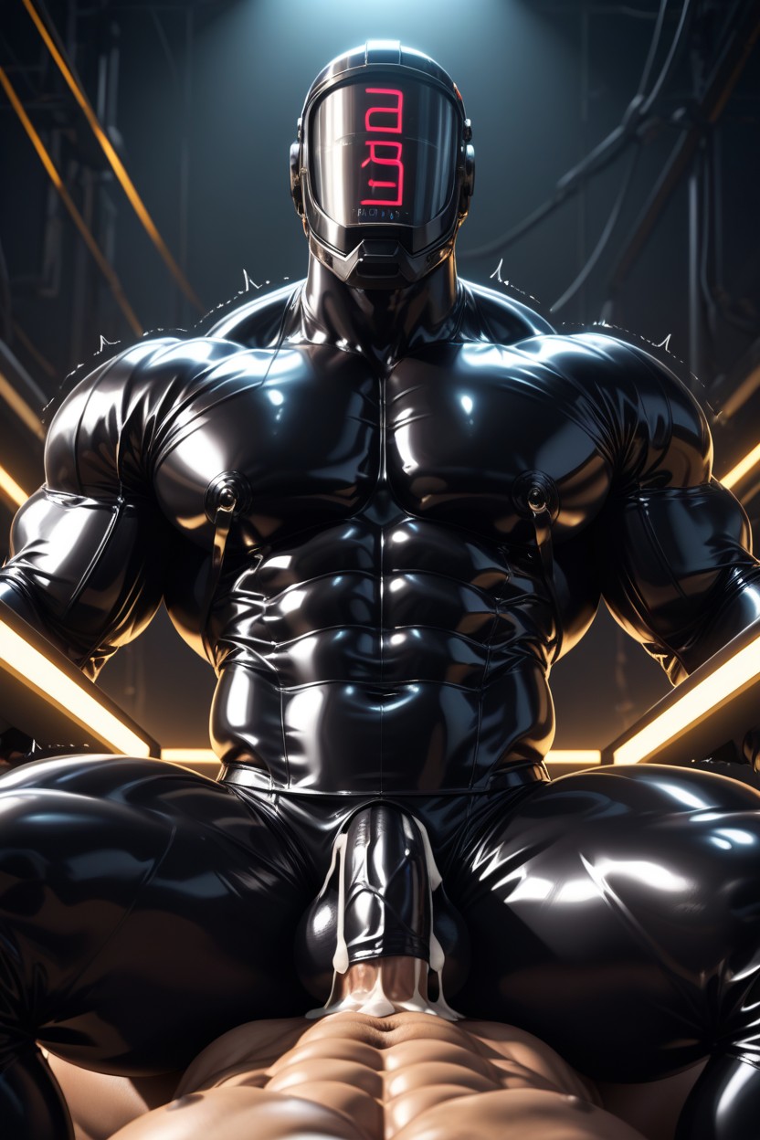 Whole Body Black Latex, Liquid Latex Muscles, Hard Throbbing Cock Connected To Transparent Collection Tube Porno IA Gay
