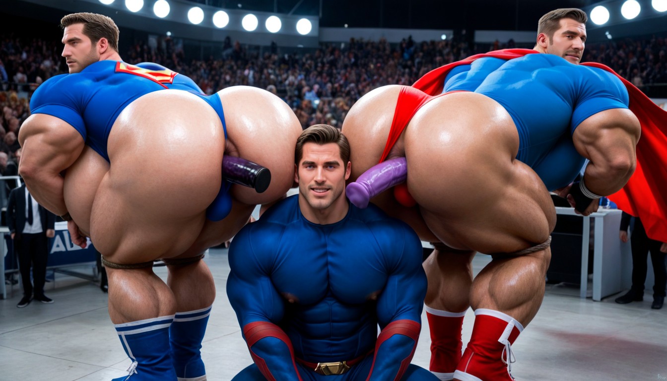 Boobs Not That Big And Covered By Superman’s Shirt, Mouth Agape, Both Men Standing Back To Back Sharing One Dildo Up Their Asses ИИ гей порно