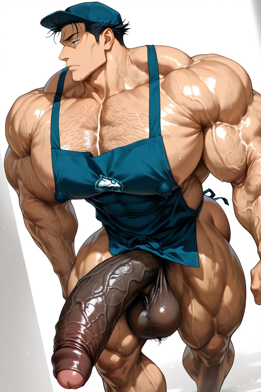 Erect Bent Penis, Powerful Thick Thighs, Wearing White Transparent Apron AI同性戀黃片