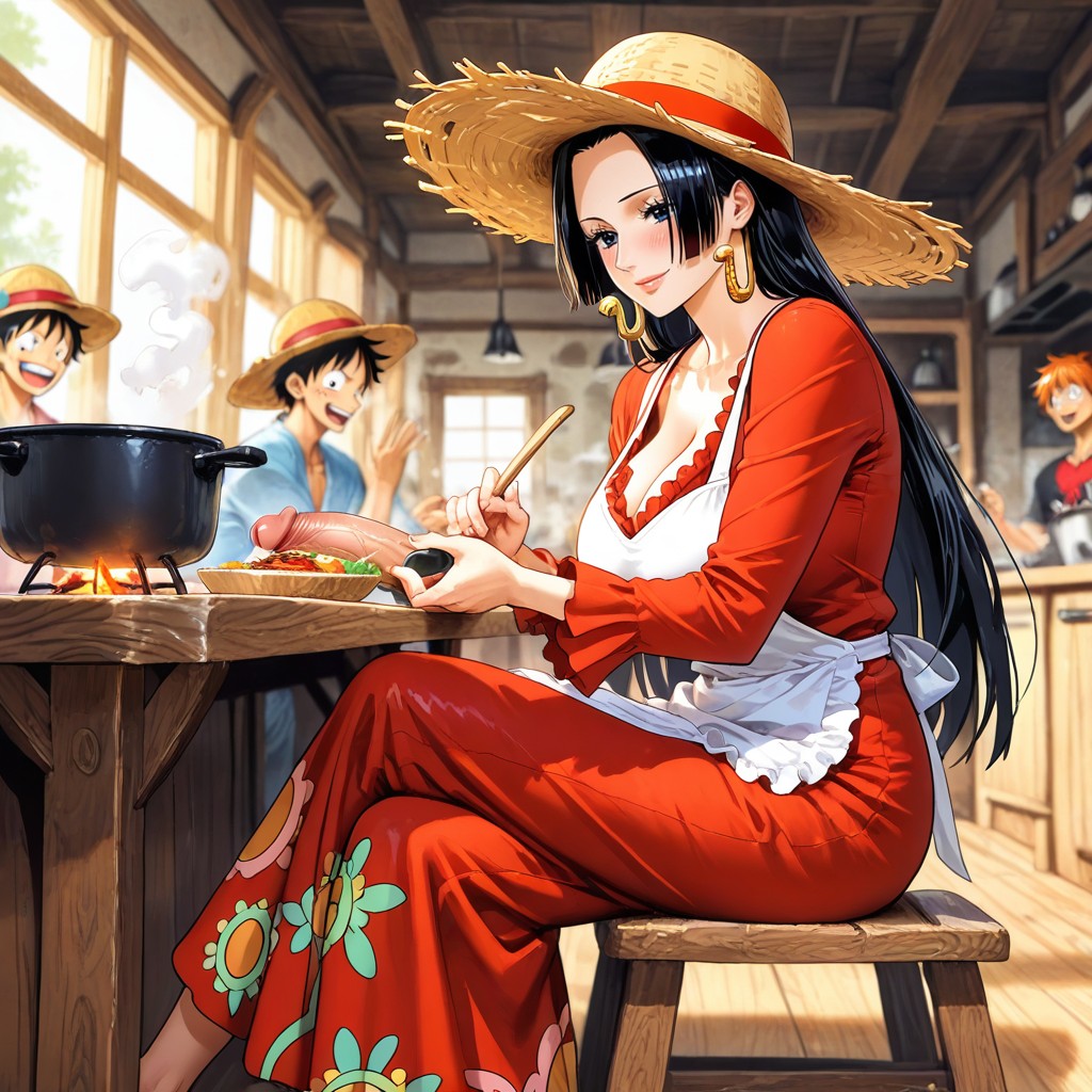 Nami Sitting Beside Him, Detailed Interior, Elegant Woman Porno IA Gay