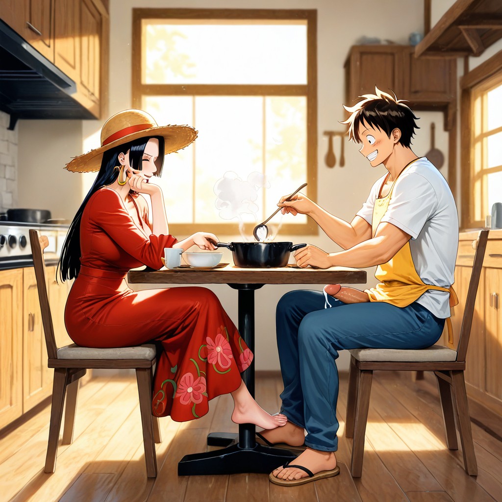 Soft Sunlight Through Window, Luffy Getting Footjob From Nami, Warm Kitchen Lighting AI同性恋黄片