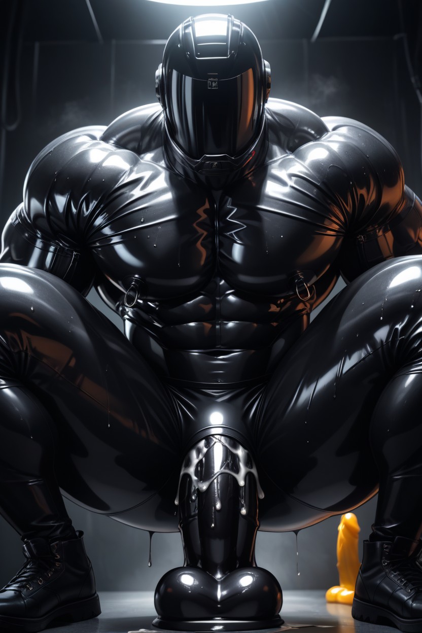Sweat And Lube Dripping Down Thighs And Dildo Shaft, Massive Bulging Pecs, Glossy Latex Reflecting Dramatic Hard Light 게이 AI 야짤