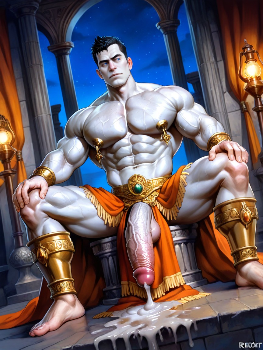 Oversized Heavy Round Defined Bulging Square Veiny Hard Pecs, Arabesque Style Pillars, Realistic ゲイAIエロ