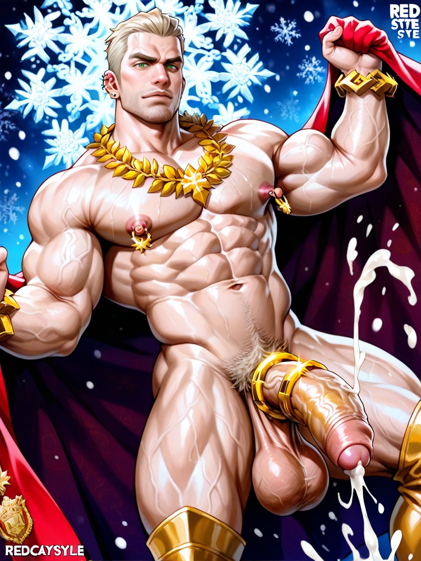 Royal Maroon Heavy Cape With Gold Embroidery, Defined Muscular Biceps, Light Blonde Slicked Back Shaved Hair Porno gay IA