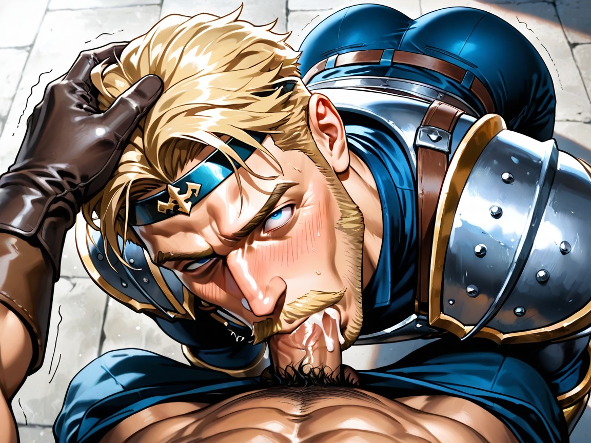 Masculine Chiseled Jawline, Male Masculine Knight In Knight Armor, Hand On Back Of His Head Him To Swallow ゲイAIエロ
