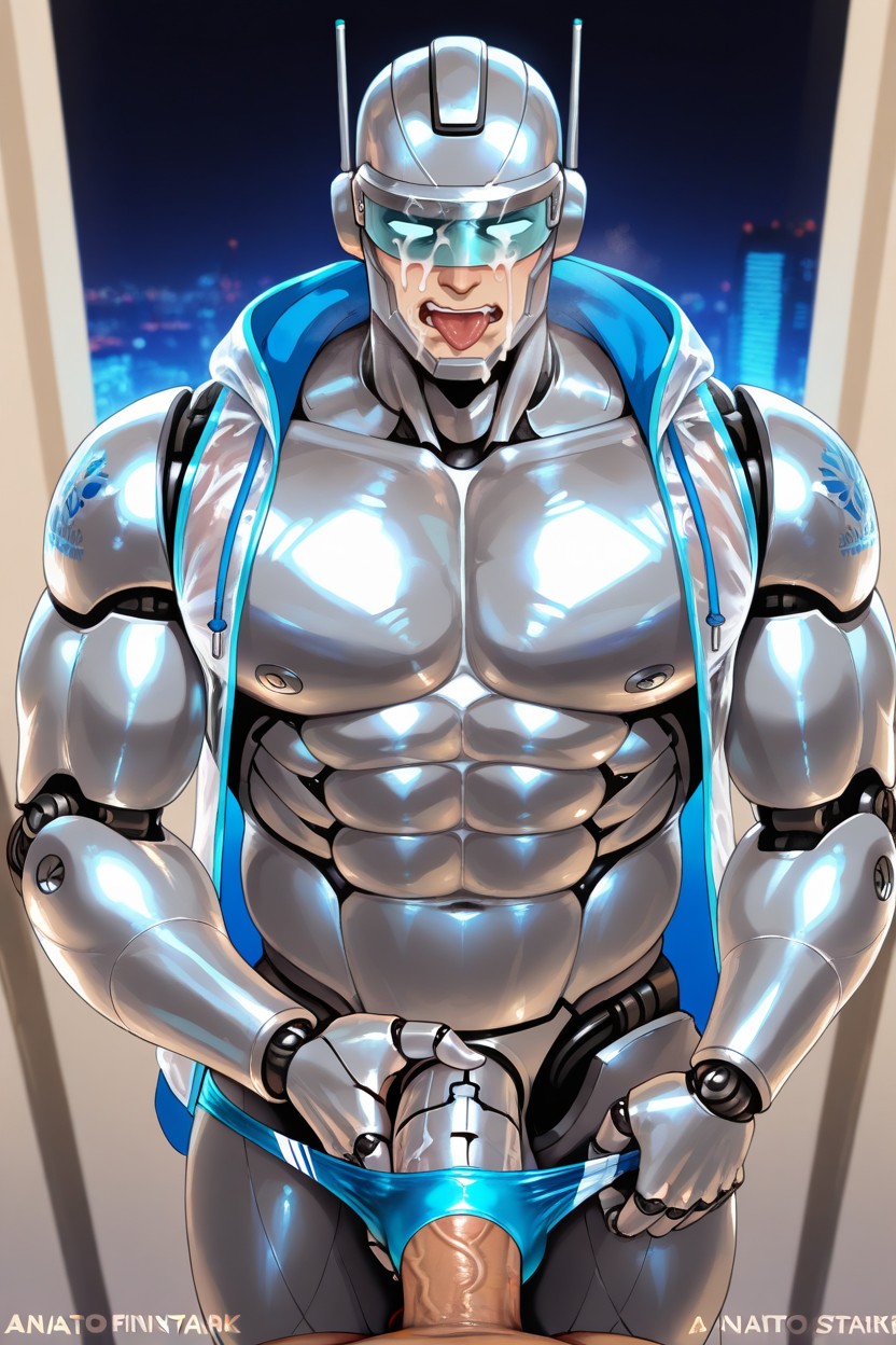 Huge Erection, Silver Sci-fi Robotic Mask Screen With Visor, Iridescent AI Gay Porn