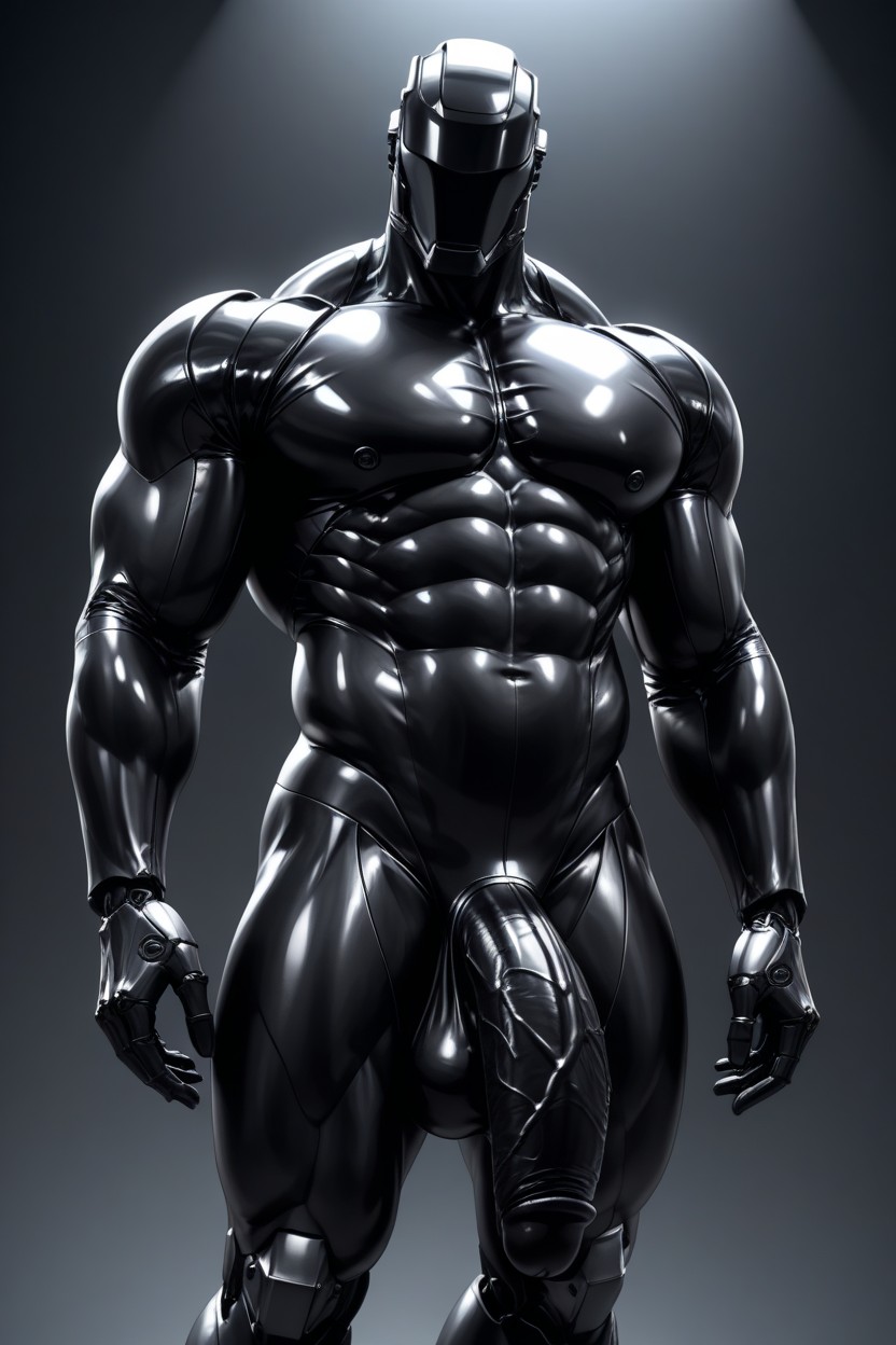 Side On View, Photorealistic Faceless Pure Black Muscular Android Robot, 서 있기 게이 AI 야짤