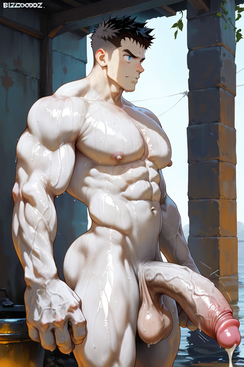Sweating, Huge Pecs, Huge Fingers AI Gay Porn