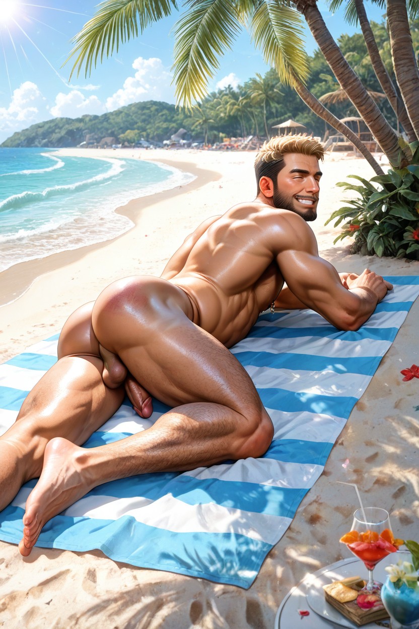 Sunbathing, Completely Naked, Beach AI Gay Porn
