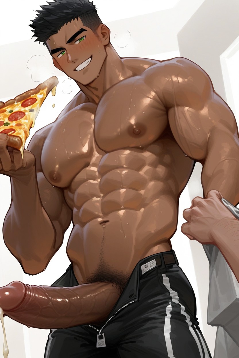 Black Hair, Pizza Placed Under His Penis, Model AI Gay Porn