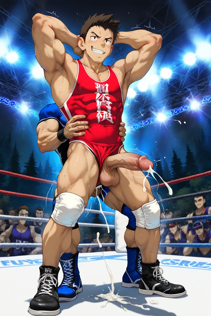 Man Bodybuilder Standing, Blushing, 18+ AI Gay Porn