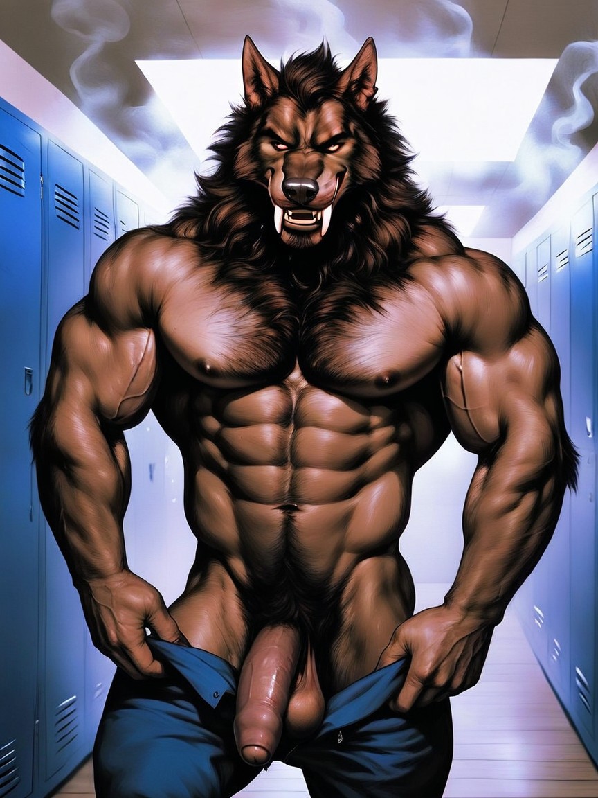 Open Lockers, Wearing Only A Towel, Werewolf In A Locker Room AI Gay Porn