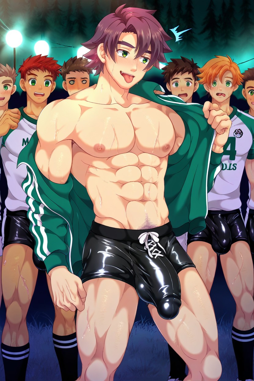 Yoichi Purple Hair, Football Sportswear, Hyper Huge Penis Bulge; AI Gay Porn