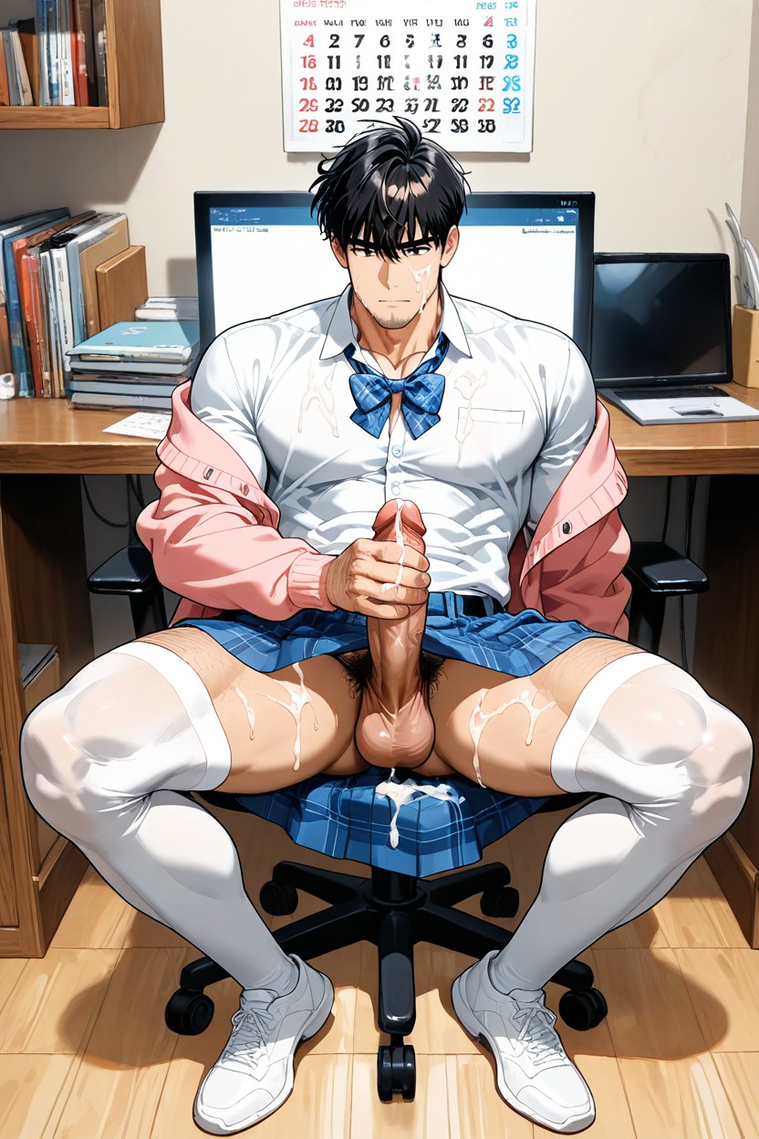 Full Body Visible, Messy Hair, Sitting Down Legs Spread AI Gay Porn