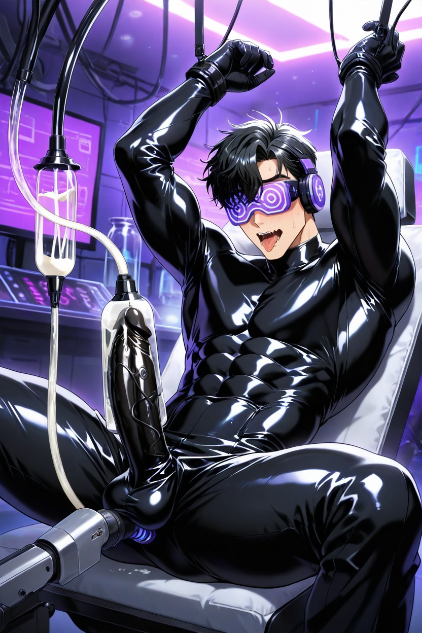 Blindfolded, Black Hair, Milking Machine With A Cord Connected To A Glass Bottle Attached To His Penis AI Gay Porn