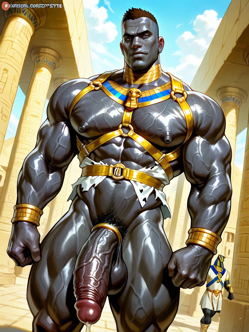 Muscular Ripped Pulpy Body, Dutch Angle, Golden Leather Harness Crossing Chest AI Gay Porn