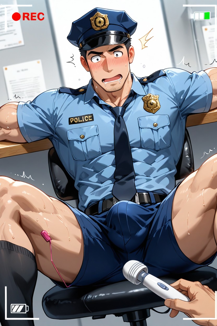 Police Hat, Handsome Guy, Open Mouth AI Gay Porn