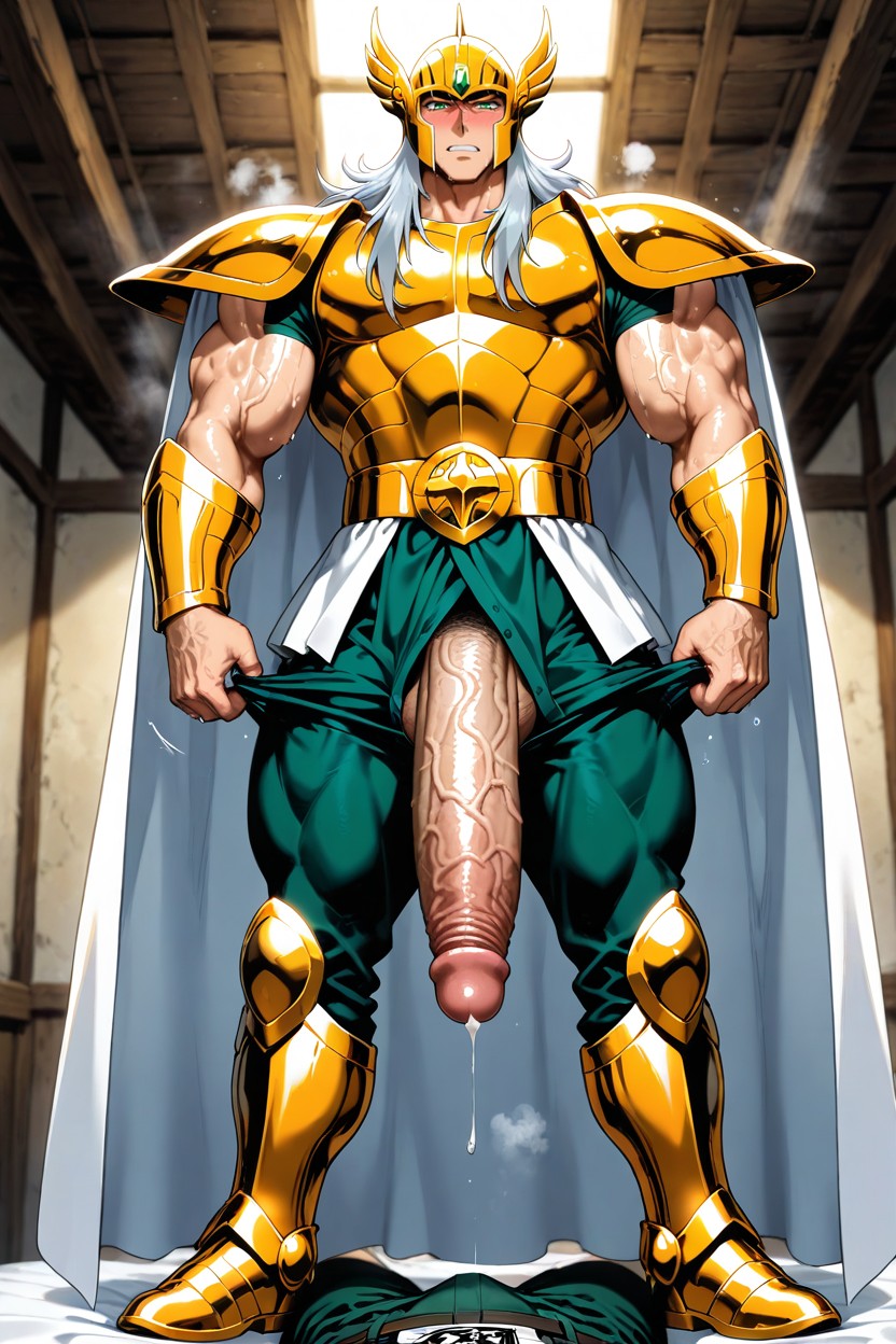 Gold Metal Shoulder Armor, Smooth Chest, Knights Of The Zodiac AI Gay Porn