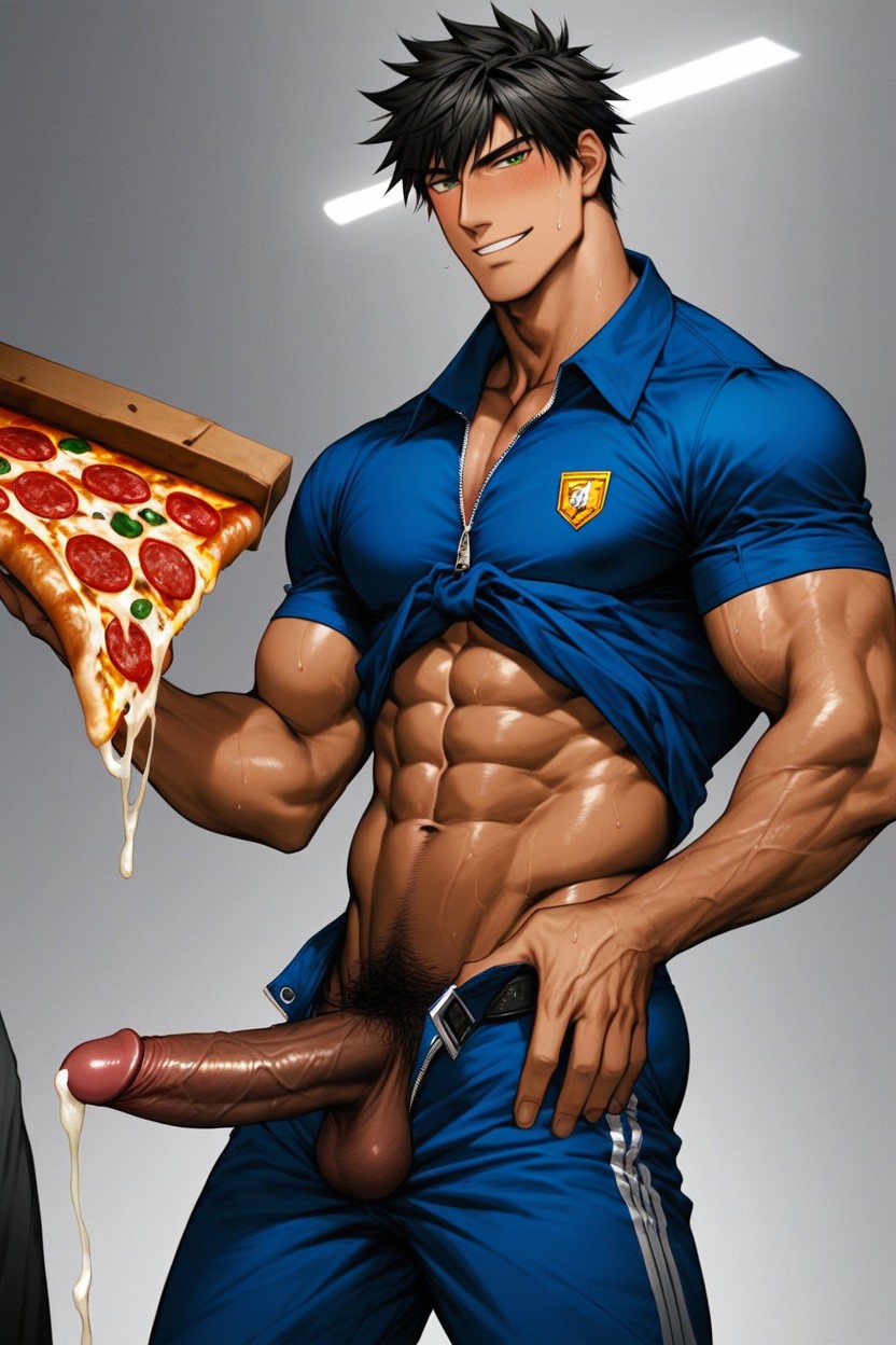 Muscular, Pixie Haircut, Pizza Placed Under His Penis AI Gay Porn