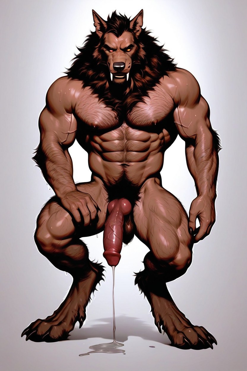 Body Of Werewolf Looks Like A Monstrous Beast, Hairy Fuzzy Sagging Scrotum, 18+ AI Gay Porn
