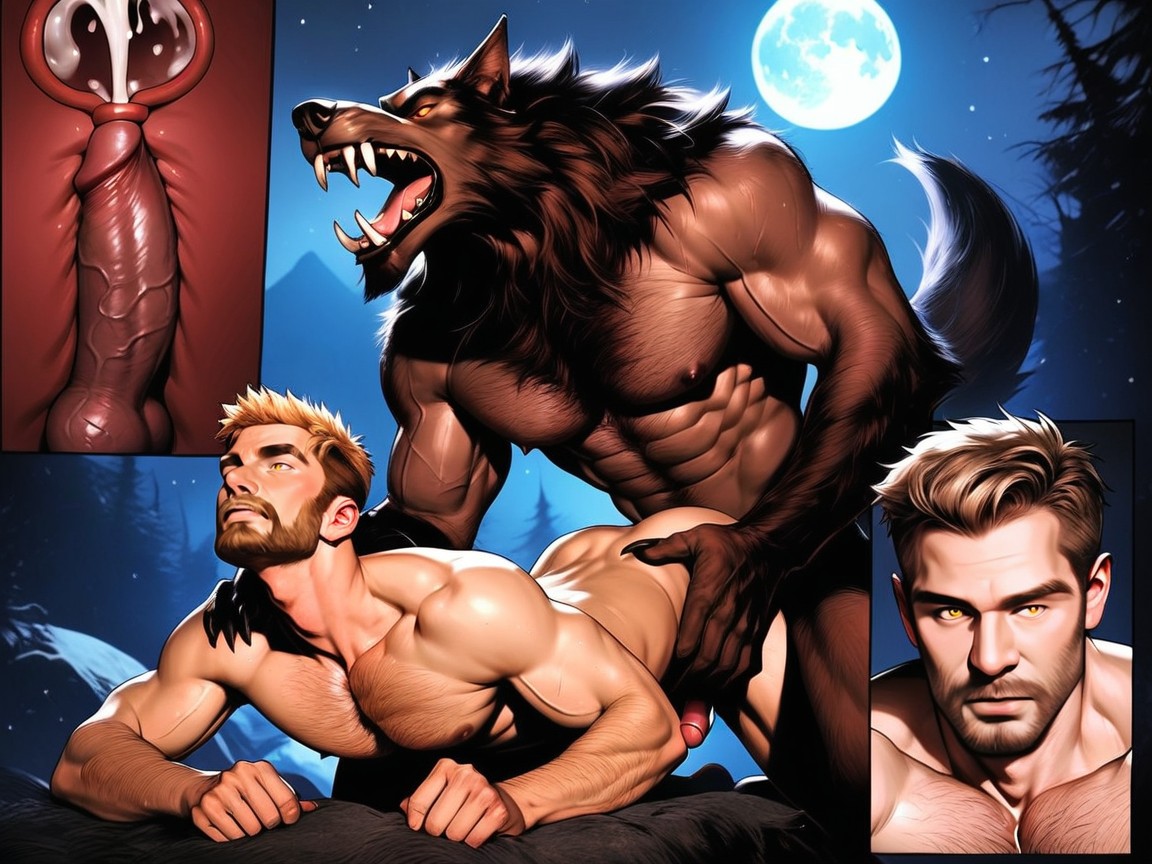 Highly Detailed And Photorealistic Image Of A Werewolf, Human Is On Moaning, Werewolf Has Legs AI Gay Porn