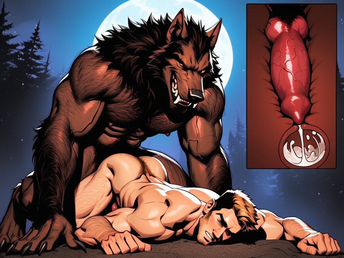 Werewolf Has Wide Open Yellow Eyes And A Very Happy Facial Expression, 18+, Fat Hairy Pecs AI Gay Porn