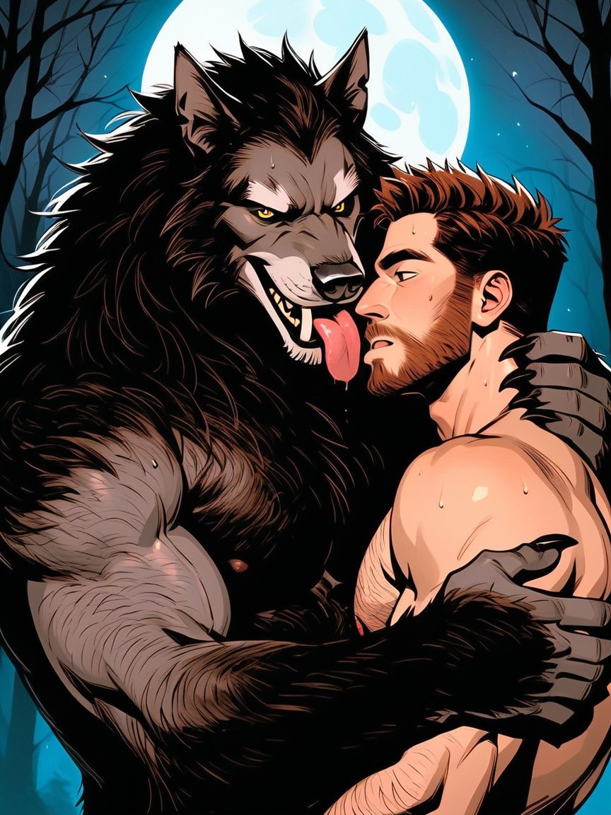 18+, Both Are Dressed In Tribal Clothing, The Werewolf Has A Hairy Body AI Gay Porn