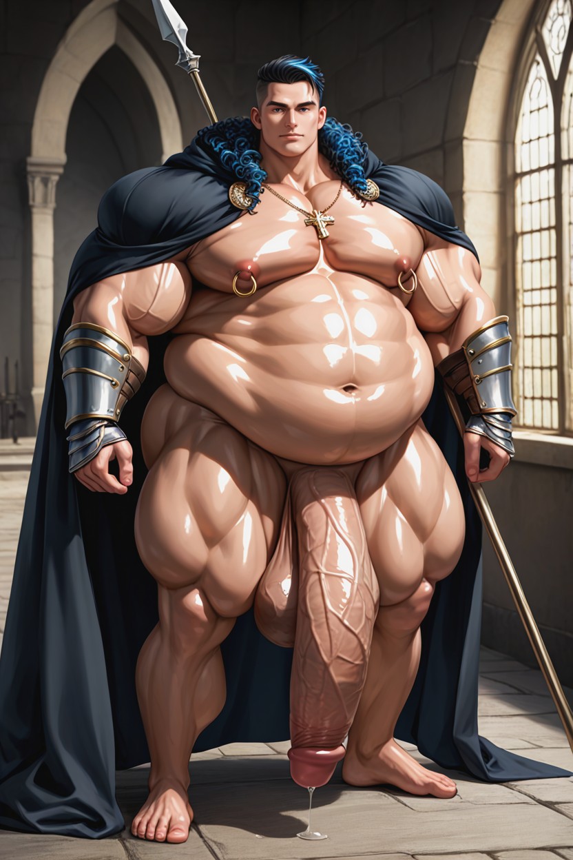 Hyper Long Gigantic Flaccid Cock, Oiled Skin, Black Armor With Gold Trim AI Gay Porn