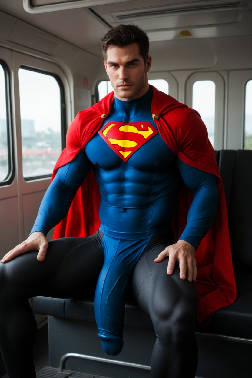 Extremely Man With Huge Hyper Cock Crotch Bulge Hanging To His Ankles, Bus, Red Cape AI Gay Porn