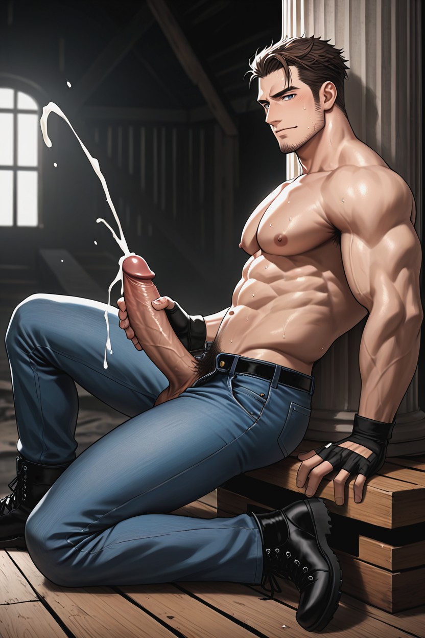 Sexy Seductive Pose, Six-pack Abs, Wearing Blue Jeans AI Gay Porn