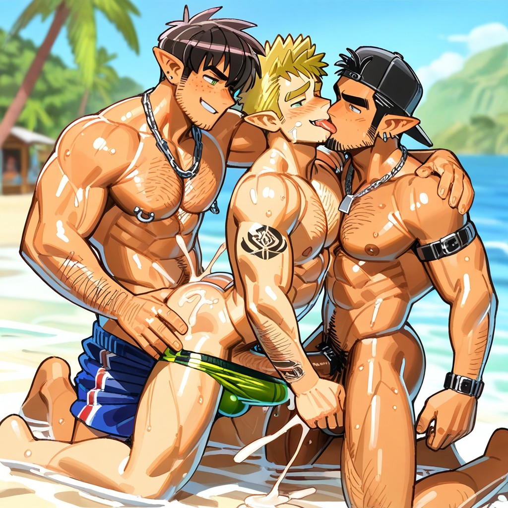 Naked, 3 People, Blonde And Black Hair All Men Fully Visible Masculine Men Twins Double Penetration AI Gay Porn