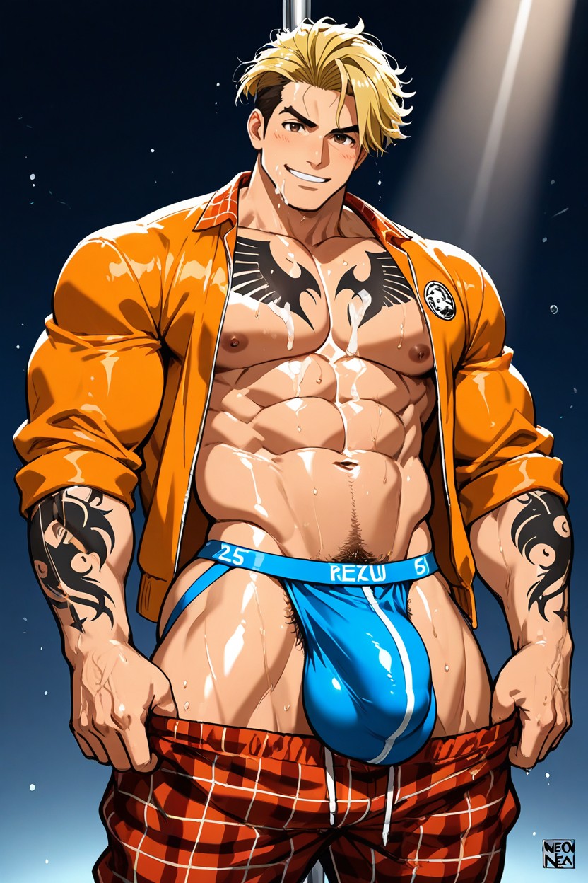 Blonde Hair, Fit Body, Open Orange Pyjamas Jacket AI Gay Porn