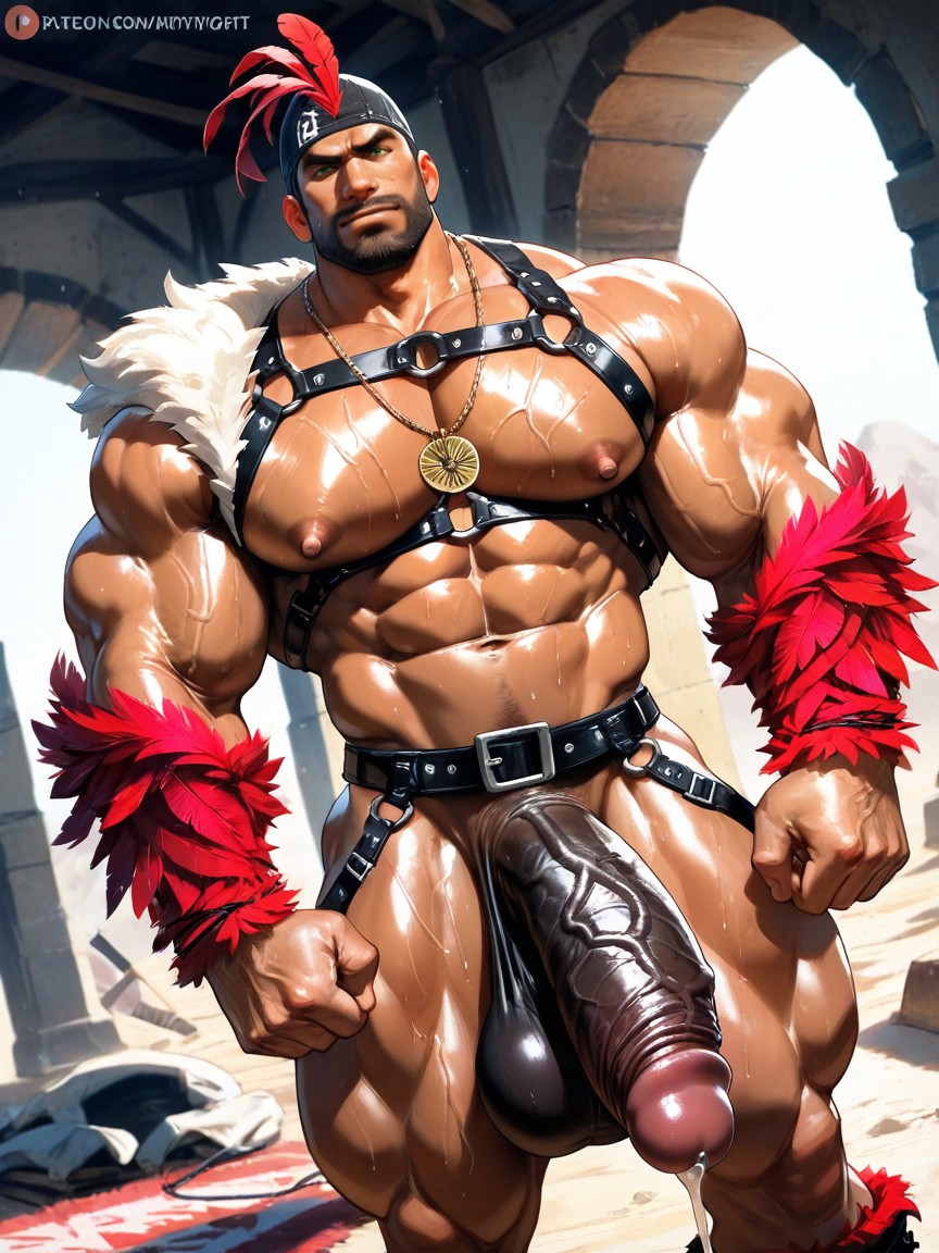 Standing On Huge Tribal Stone Alter, Squeezable, Tribal Rugs On The Ground AI Gay Porn
