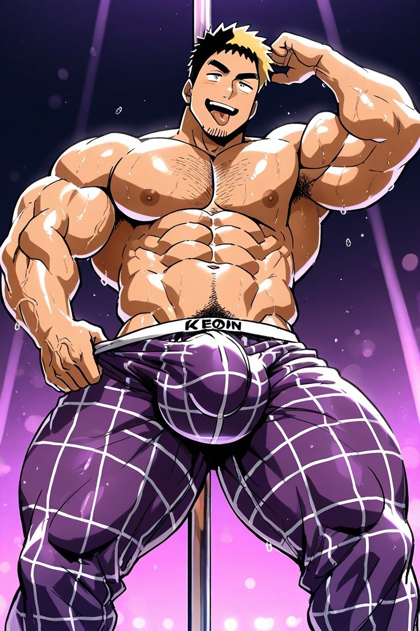 Standing, Plaid Purple Pyjamas Pulled Down, Tan Skin AI Gay Porn