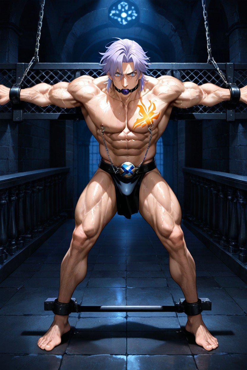 Atada, Full X-cross Fully Visible In Frame Frontal Gothic Dungeon, Musculosa Porno gay IA