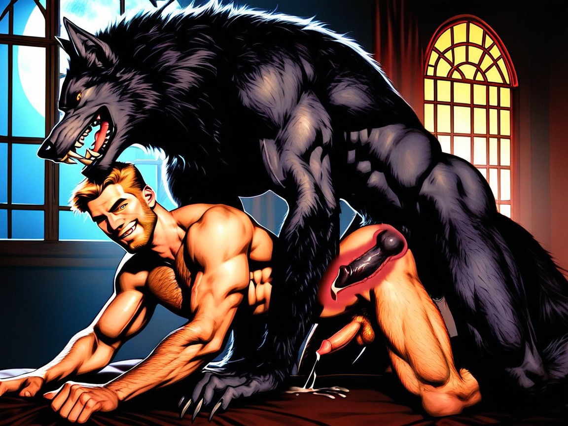A Picture Featuring Lifelike Finely Detailed Fur, Orgasm, Detailed Werewolf Penis Knot Ejaculating Semen AI Gay Porn