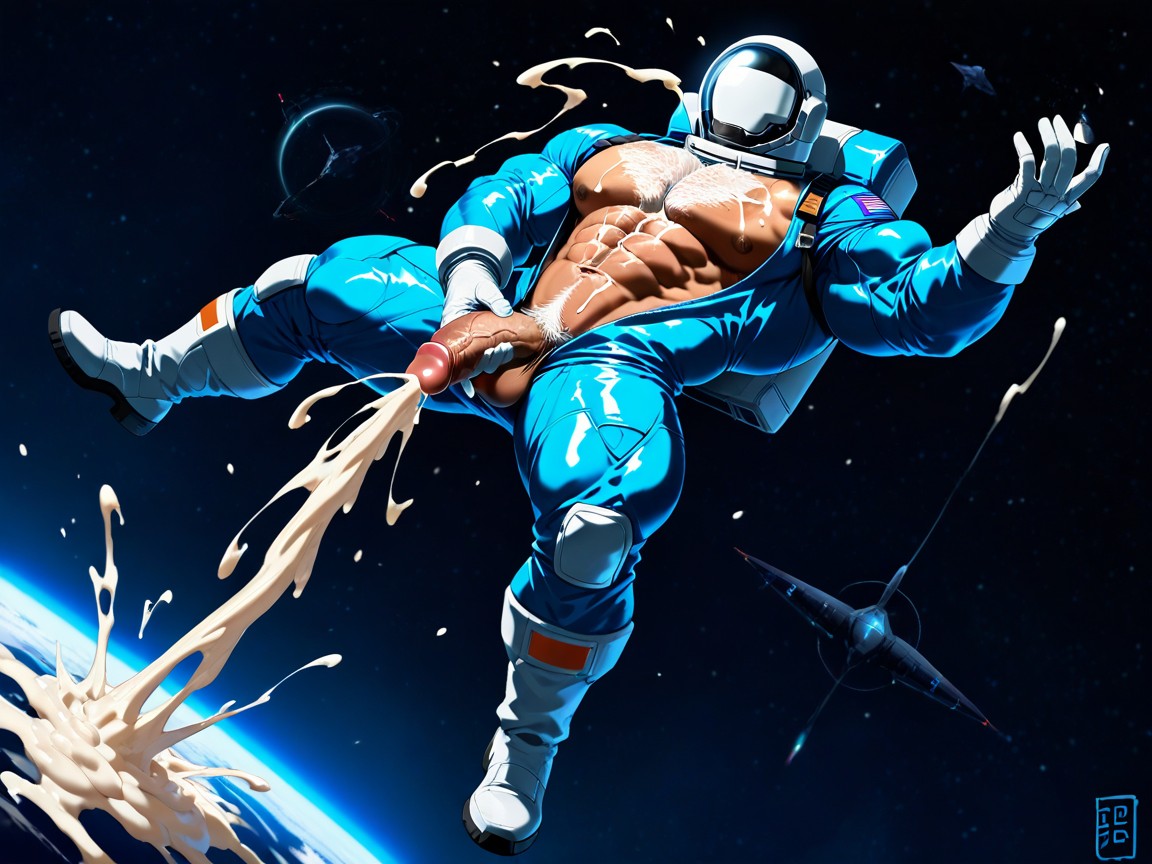 Cumshot, Blue Spacesuit, Legs Spread AI Gay Porn