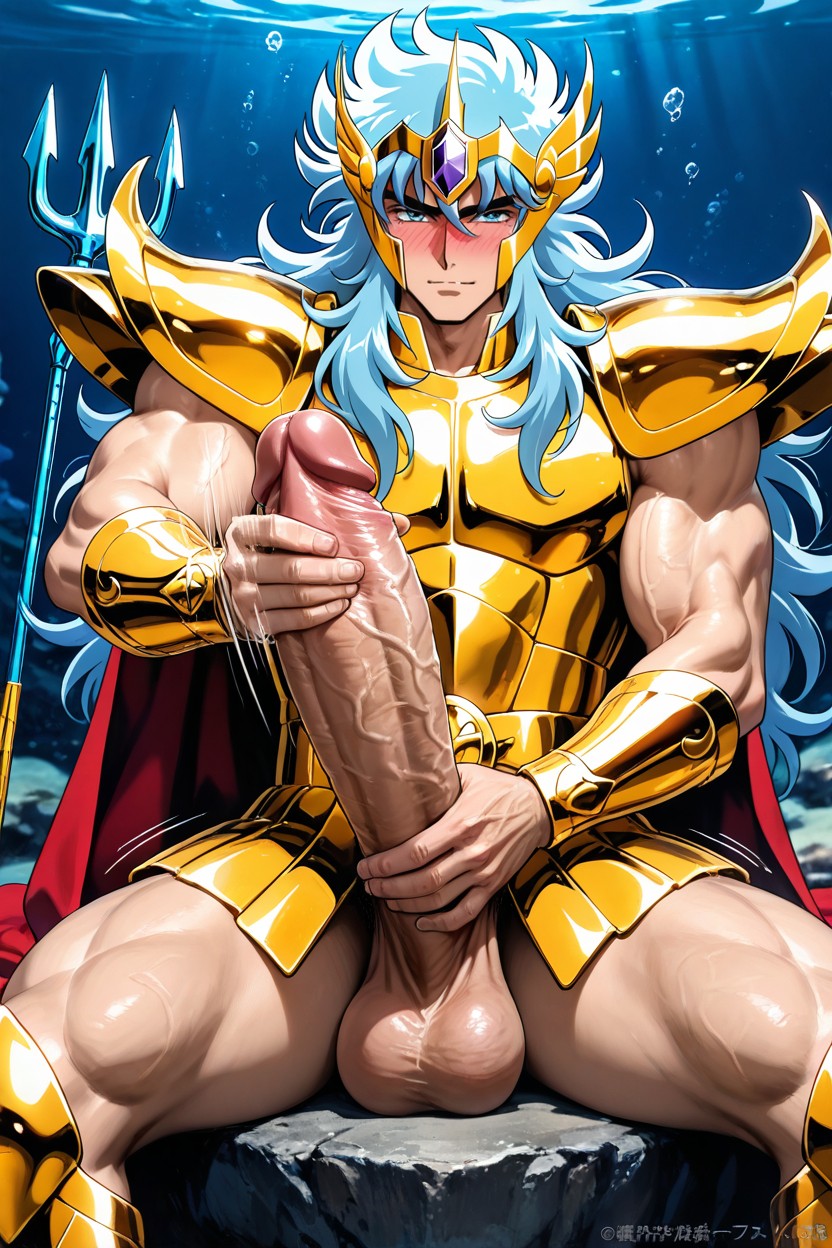 Poseidon, Seductive Pose, Light Blue Hair AI Gay Porn