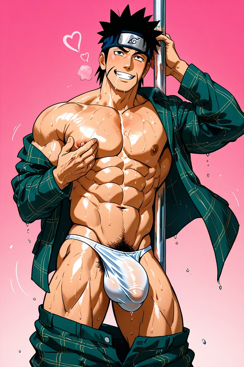 Medium Bulge, Right Hand Touch Bulge, Wearing Darkgreen Pyjamas AI Gay Porn