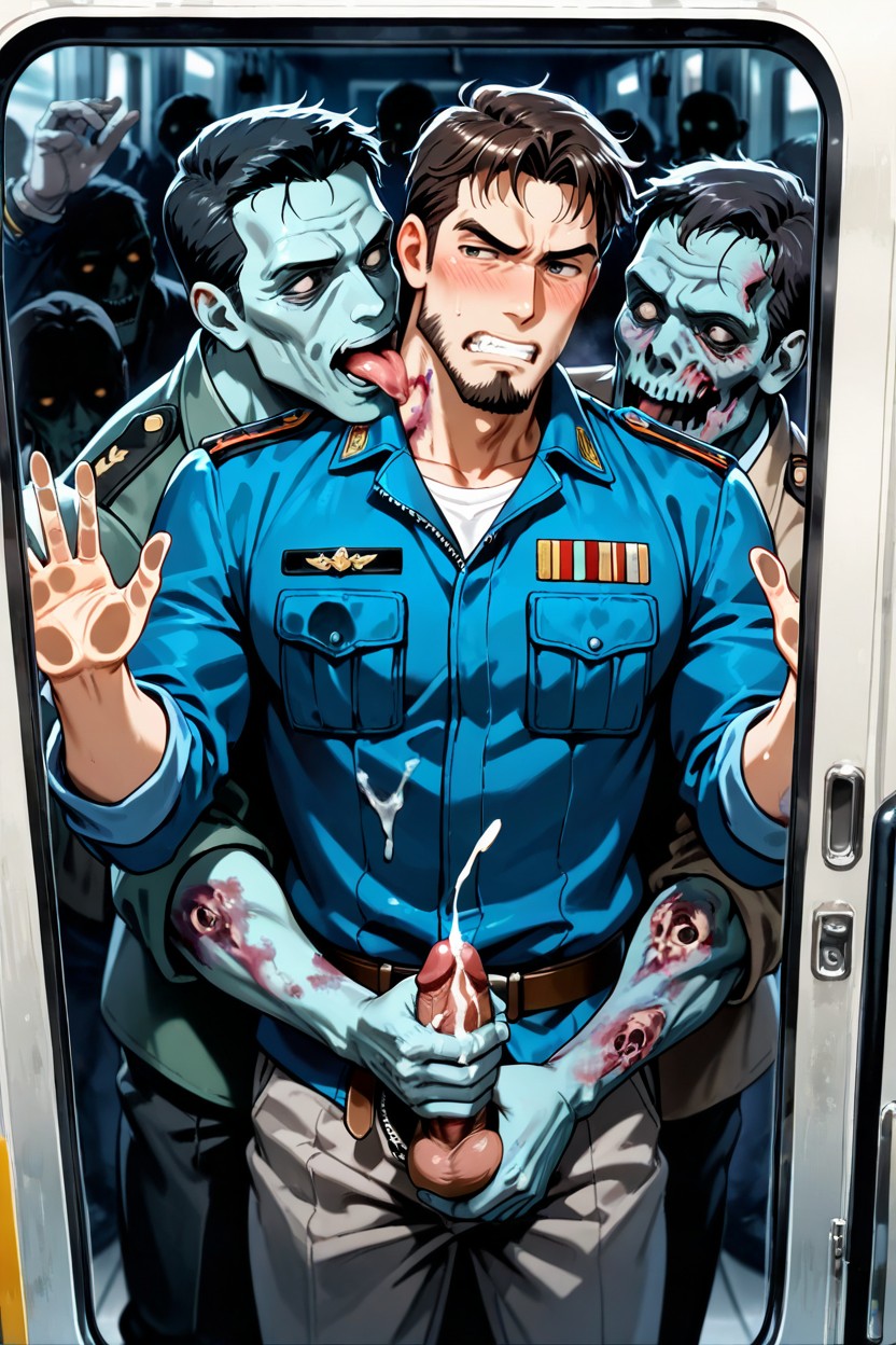 Reach Around Handjob From Behind, Closed Tram Door, Military Uniform AI Gay Porn