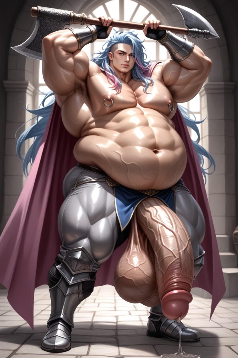 Broad Shoulders, Light Blue Hair With Pink Highlights, Holding Axe AI Gay Porn