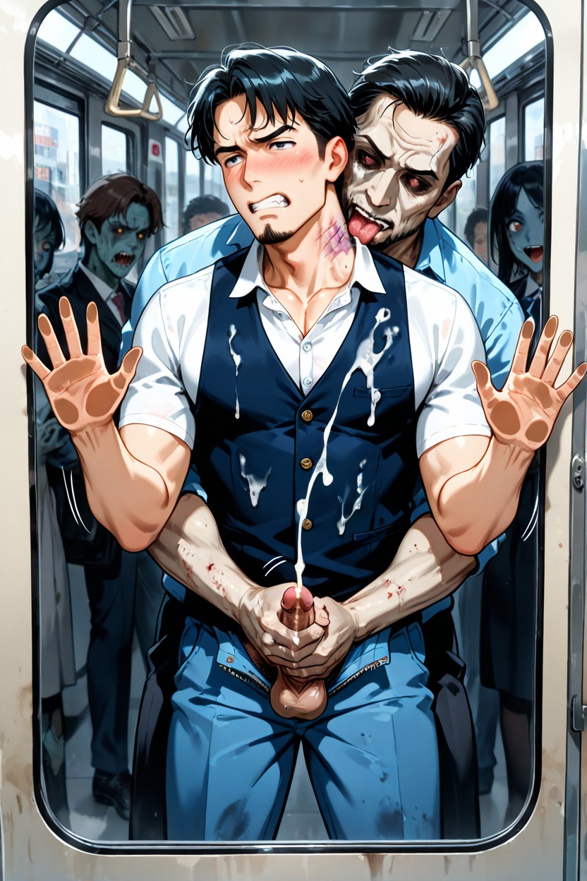 Small, Zombies Biting And Licking His Neck, Motion Lines Around Cock AI Gay Porn
