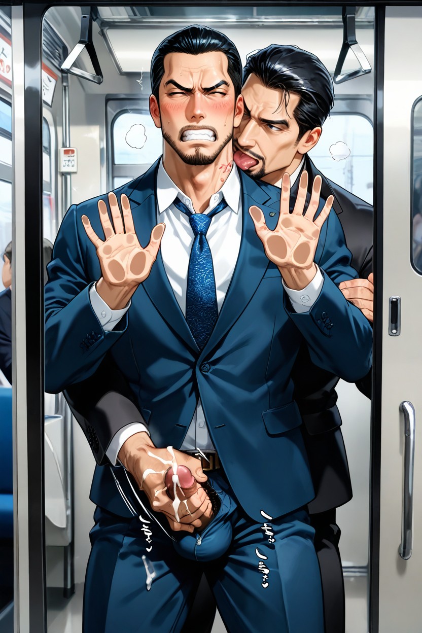 Both Hands Against The Glass Of Tram Door, Handjob From Behind From Boss, Closed Tram Door AI Gay Porn