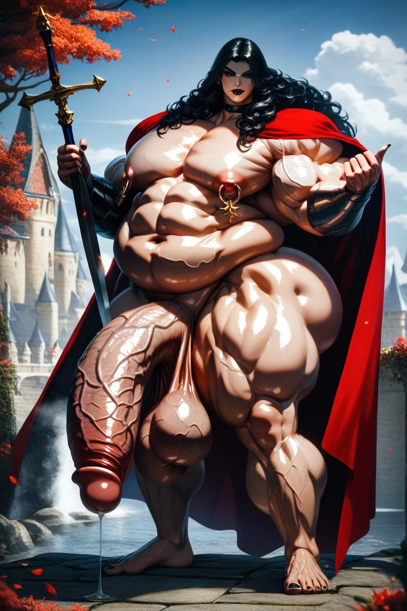 Hyper Thick Muscular Body, Black Hair With Red Highlights, Morbidly Obese AI Gay Porn