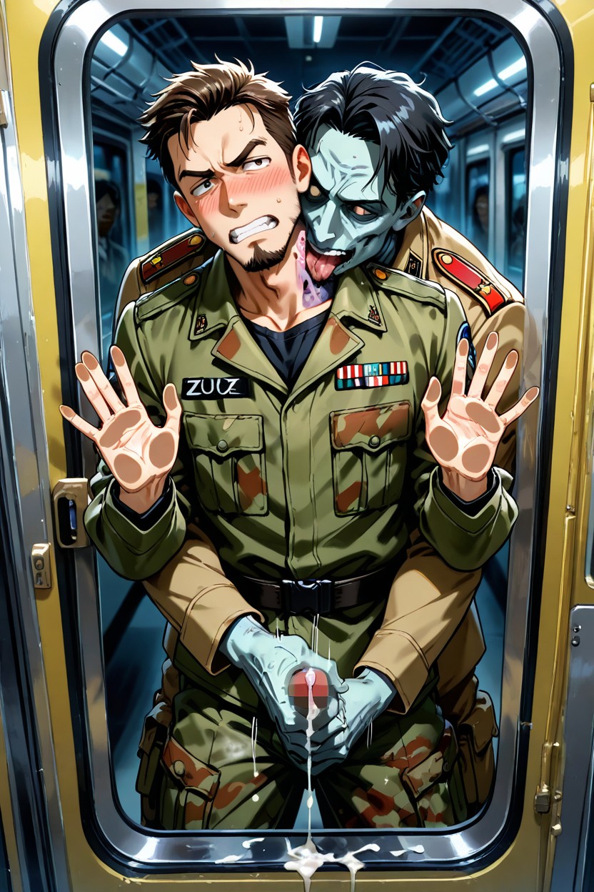 Unzipped Pants, Military Uniform, Cum On The Glass Window AI Gay Porn