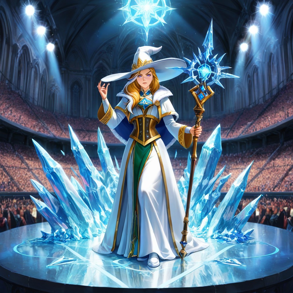 America’s Got Talent Style Grand Stage Under Dramatic Blue Spotlight, Female Jaina Proudmoore, Woman AI Gay Porn